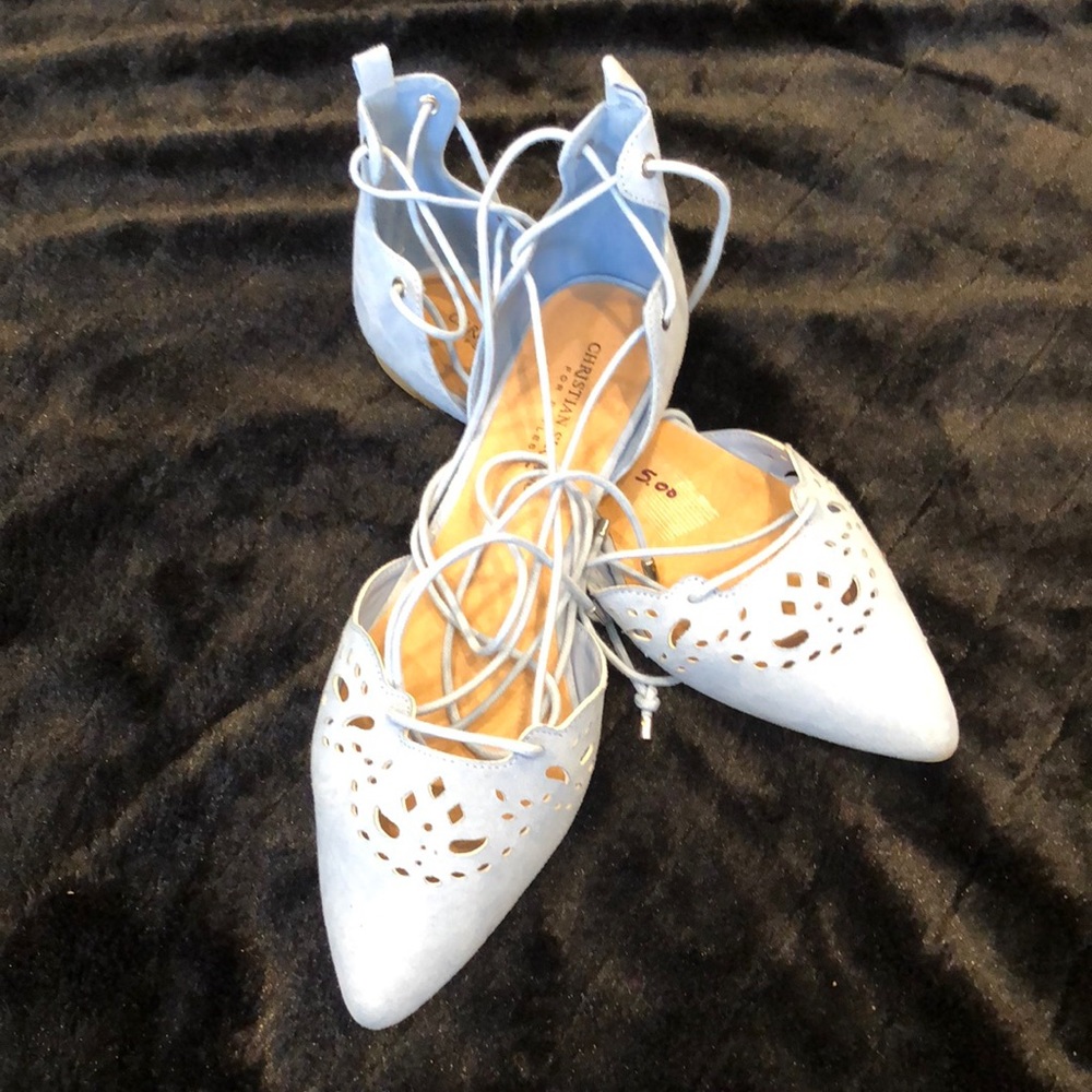 Lace Up Flats with Cutout Toe Detail - Baby Blue